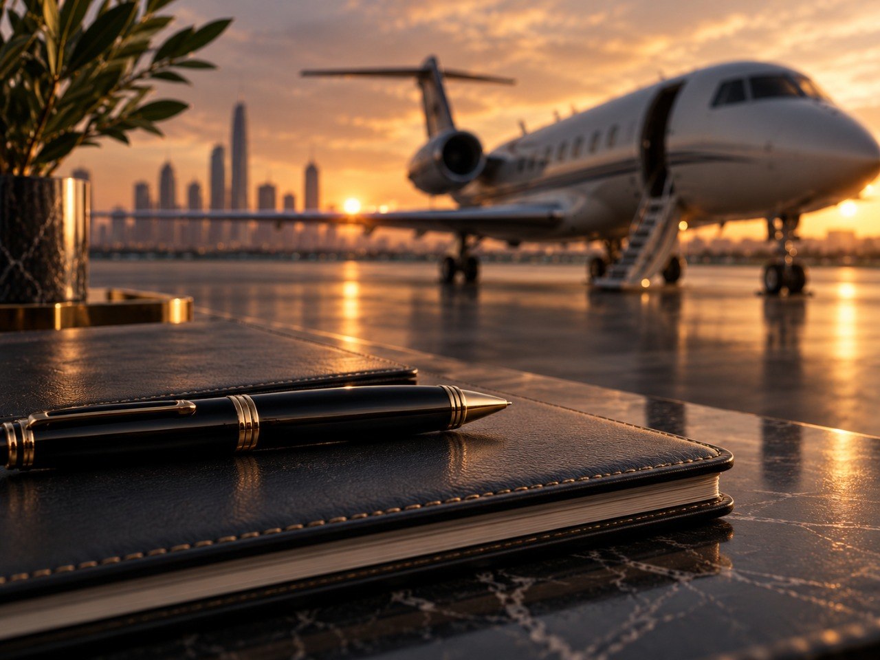 Agenda y pluma de IBC sobre una mesa, con un jet privado y la ciudad al atardecer de fondo