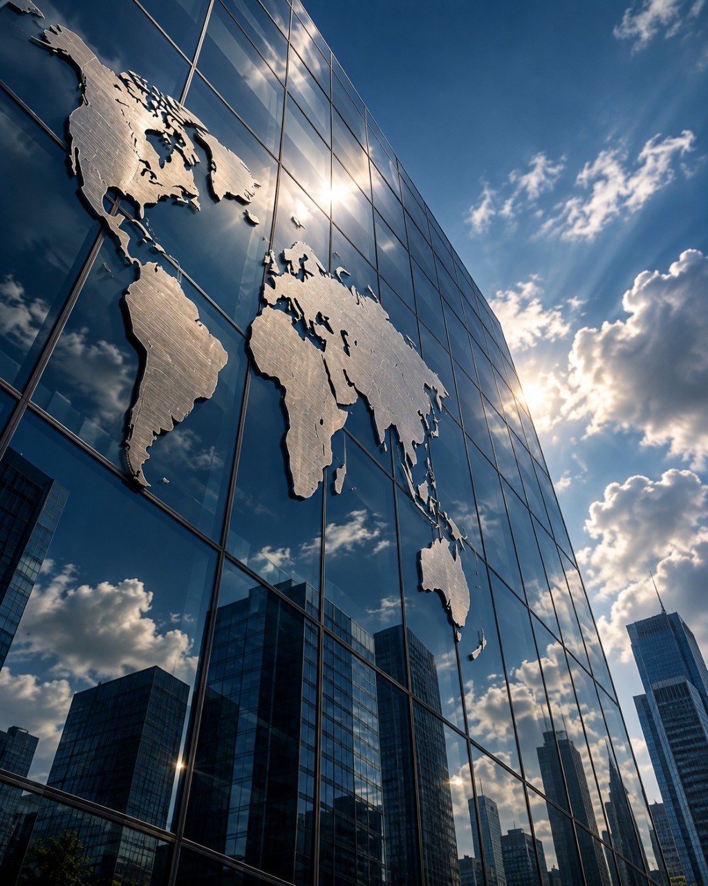 Fachada de cristal de un corporativo con un mapamundi metálico que refleja el cielo