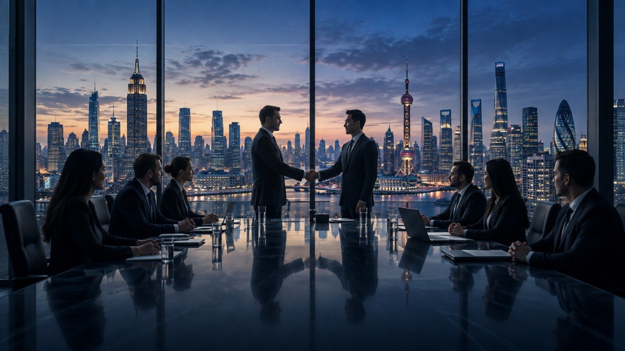 Directivos de IBC estrechándose la mano en una sala de juntas, con los horizontes de Nueva York y Shanghái de fondo